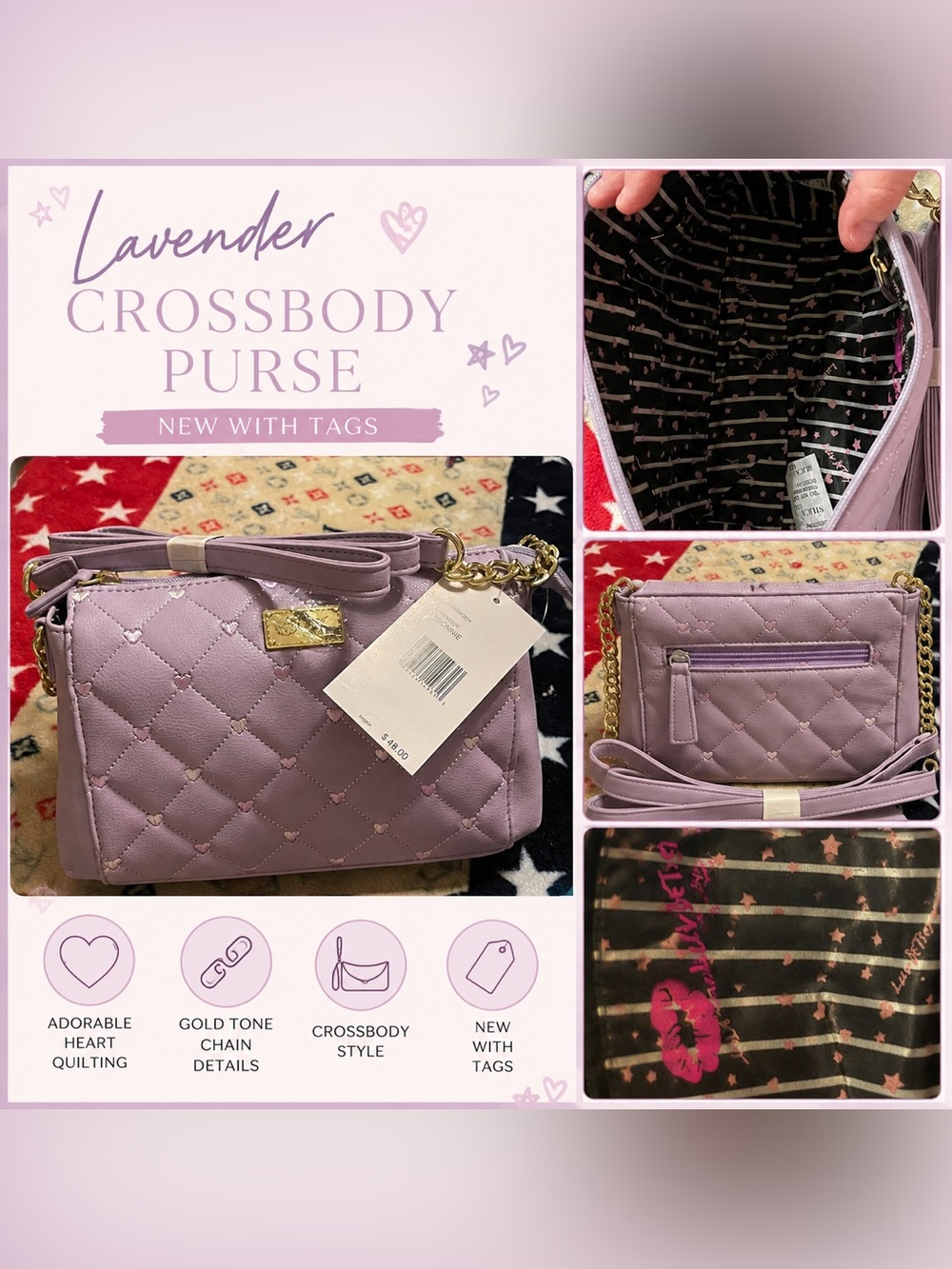 Betsey Johnson Lavender Quilted Crossbody Bag with Gold Chain